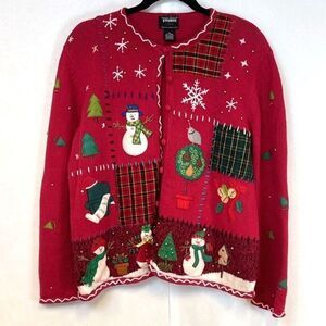 Christmas Sweater Women's XL Red Knit Cardigan Designers Originals Studio Joy